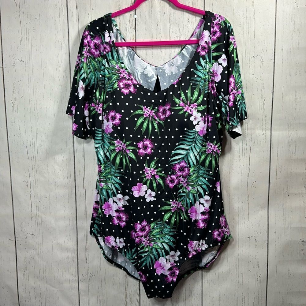 Swimsuits For All One Piece Swimsuit Polka Dot Tropical Floral Size 28 Beach